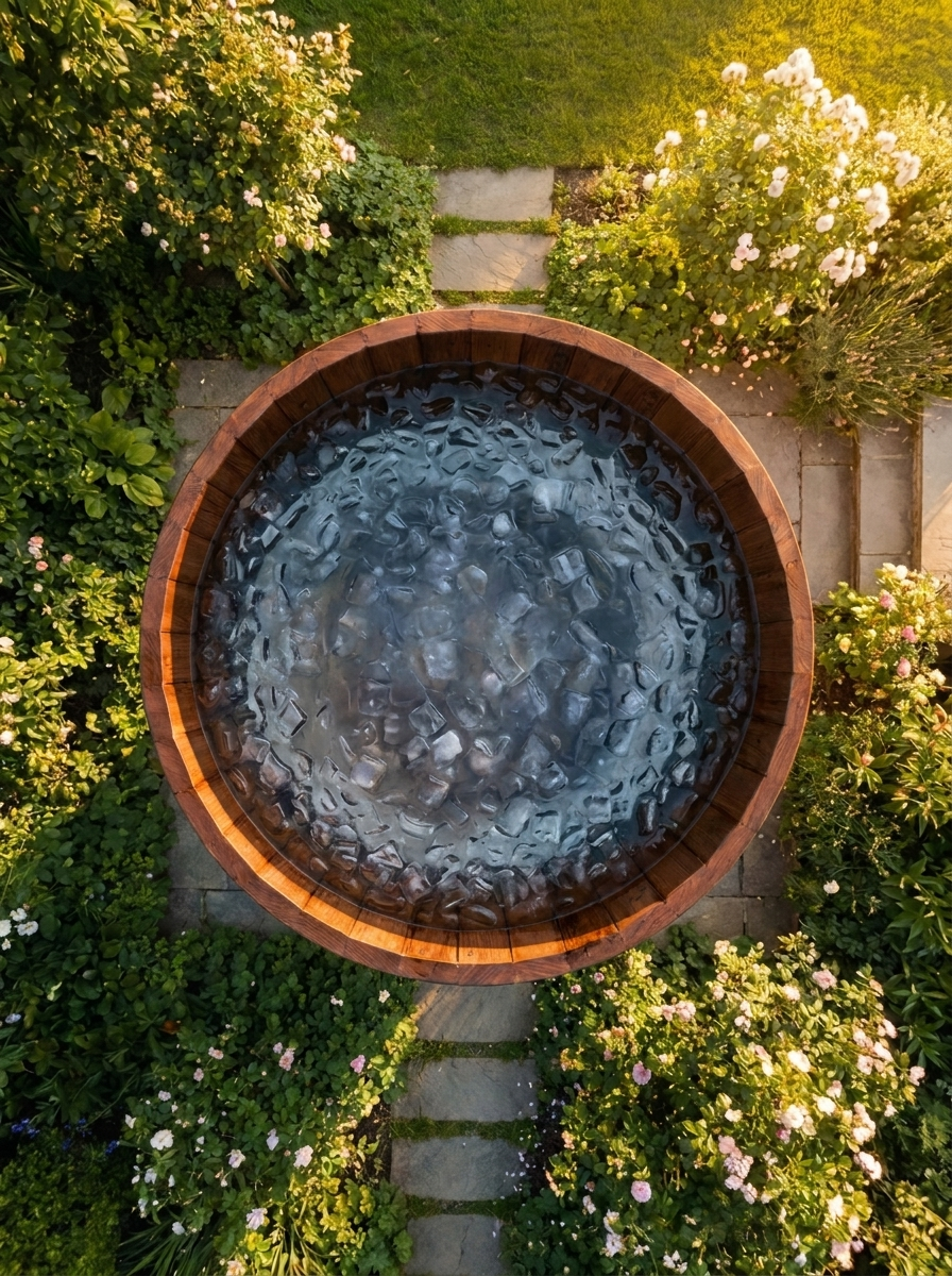 Cold plunge tub filled with iced water, surrounded by planting