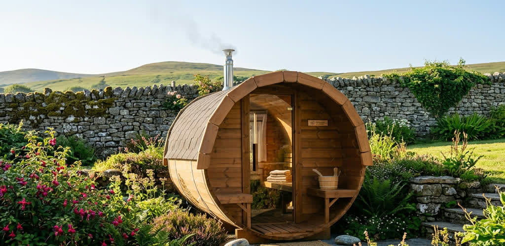 Barrel sauna installed in an Irish garden beside a stone wall